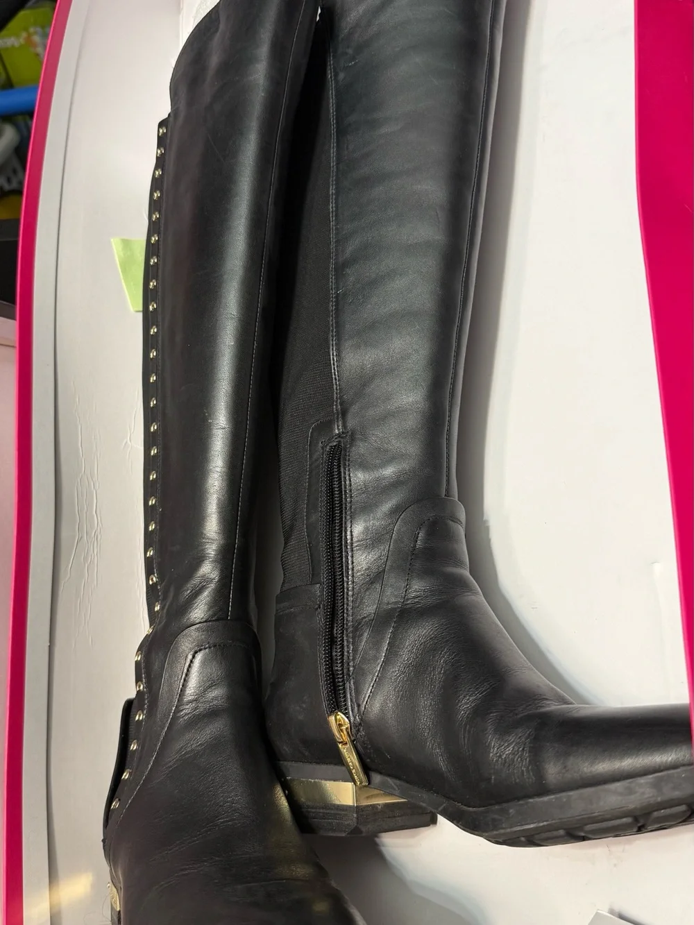 Vince Camuto Black Leather Over-the-Knee Boots with Gold Accent